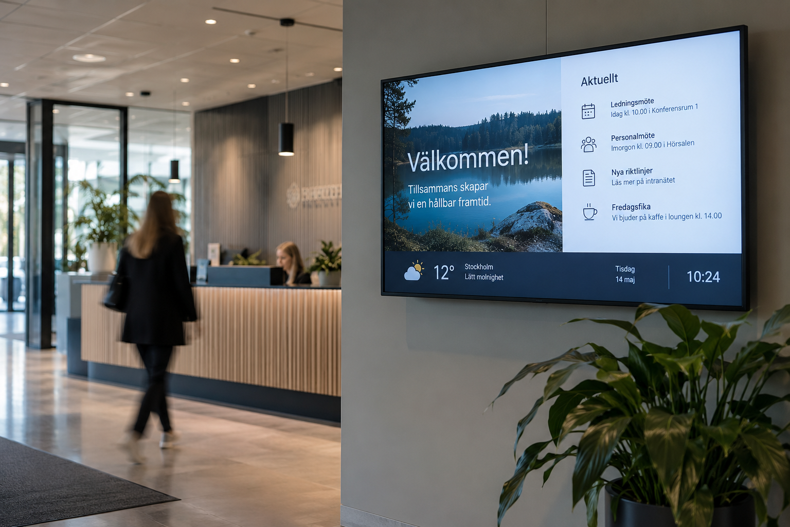 Digital informationsskärm på vägg med information